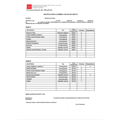 Traducción expediente académico Bachillerato al inglés