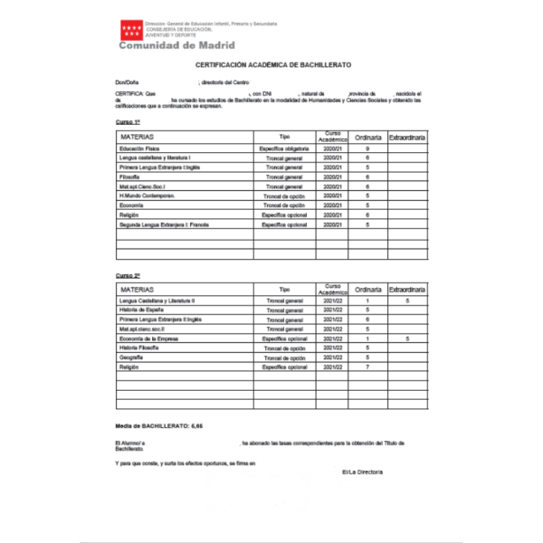 Traducción expediente académico Bachillerato al inglés