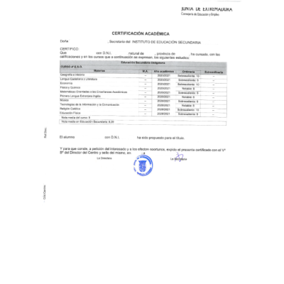 Traducción expediente académico Educación Secundaria (ESO) al francés