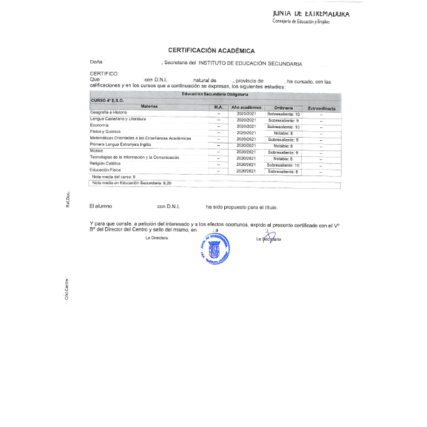 Traducción expediente académico Educación Secundaria (ESO) al francés
