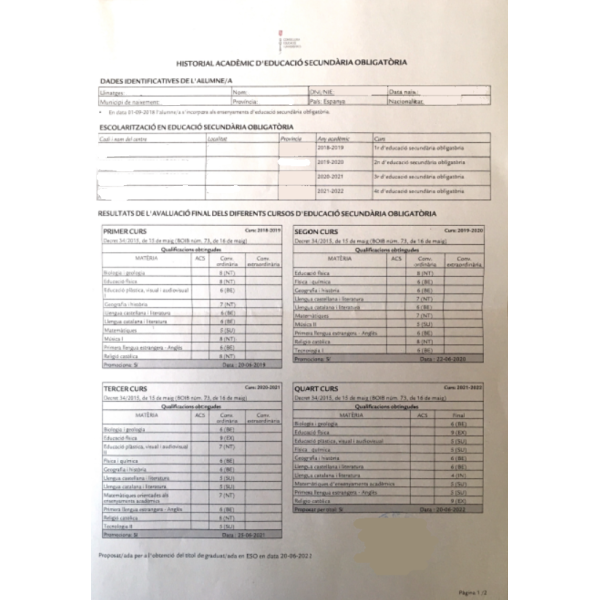 Traducción expediente académico Educación Secundaria catalán a inglés